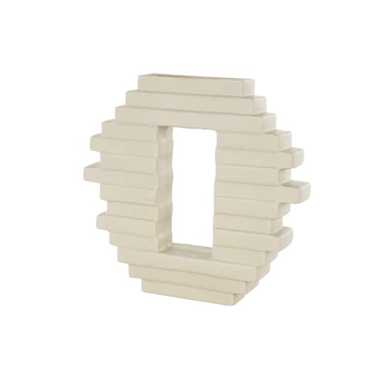 13" Cream Ceramic Abstract Decorative Vase with Rectangular Center Cutout